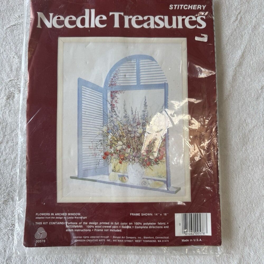 NEW Needle Treasures Crewel Embroidery Kit Flowers in Arched Window Framed 00578